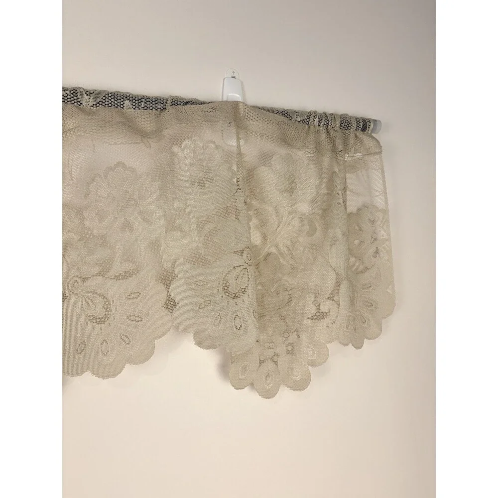 Vintage Lace Floral Pattern Cafe Curtains 3 Valence Rod Pocket Beige Cottagecore